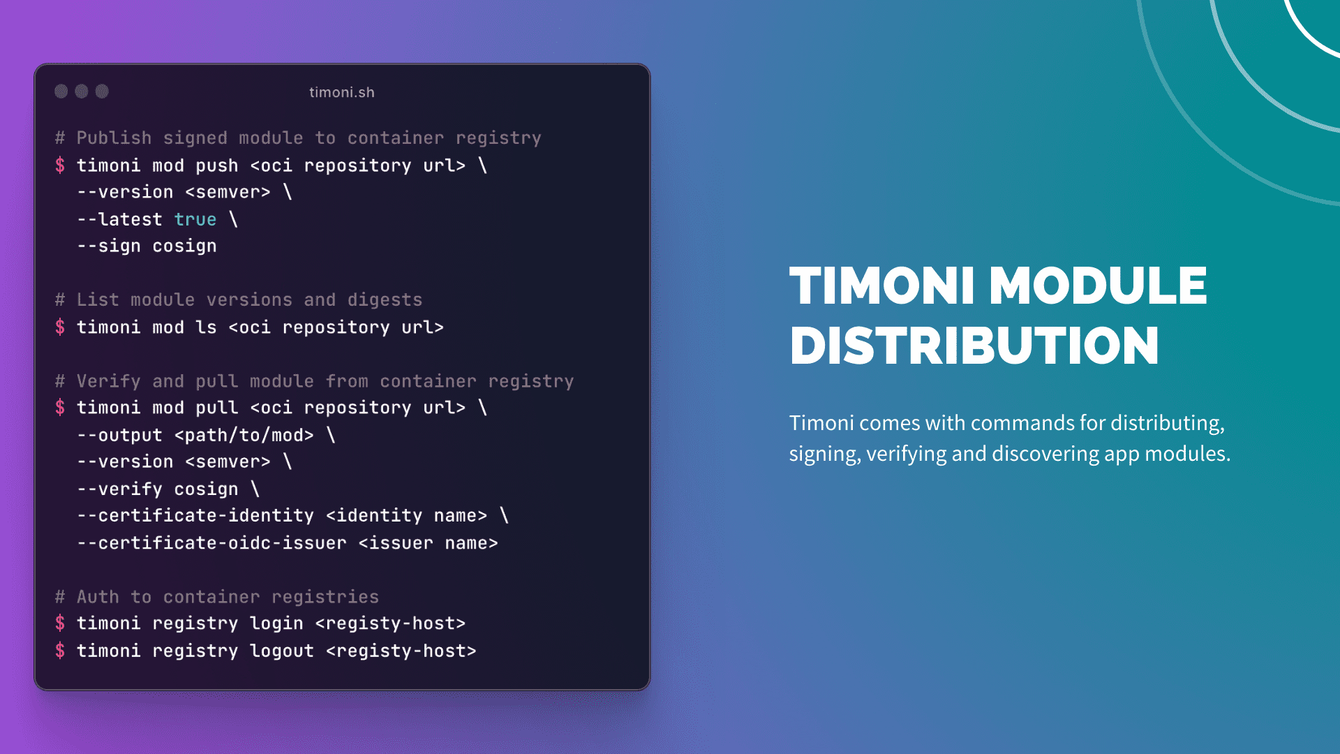 Timoni module distribution